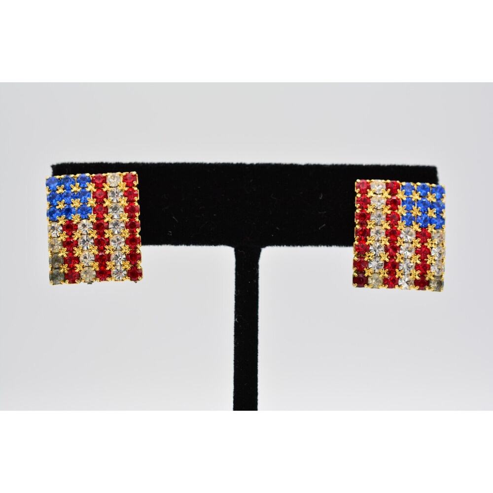 OTC Vintage Flag Earrings USA American Red Rhinestone Crystal Gold Signed 9C